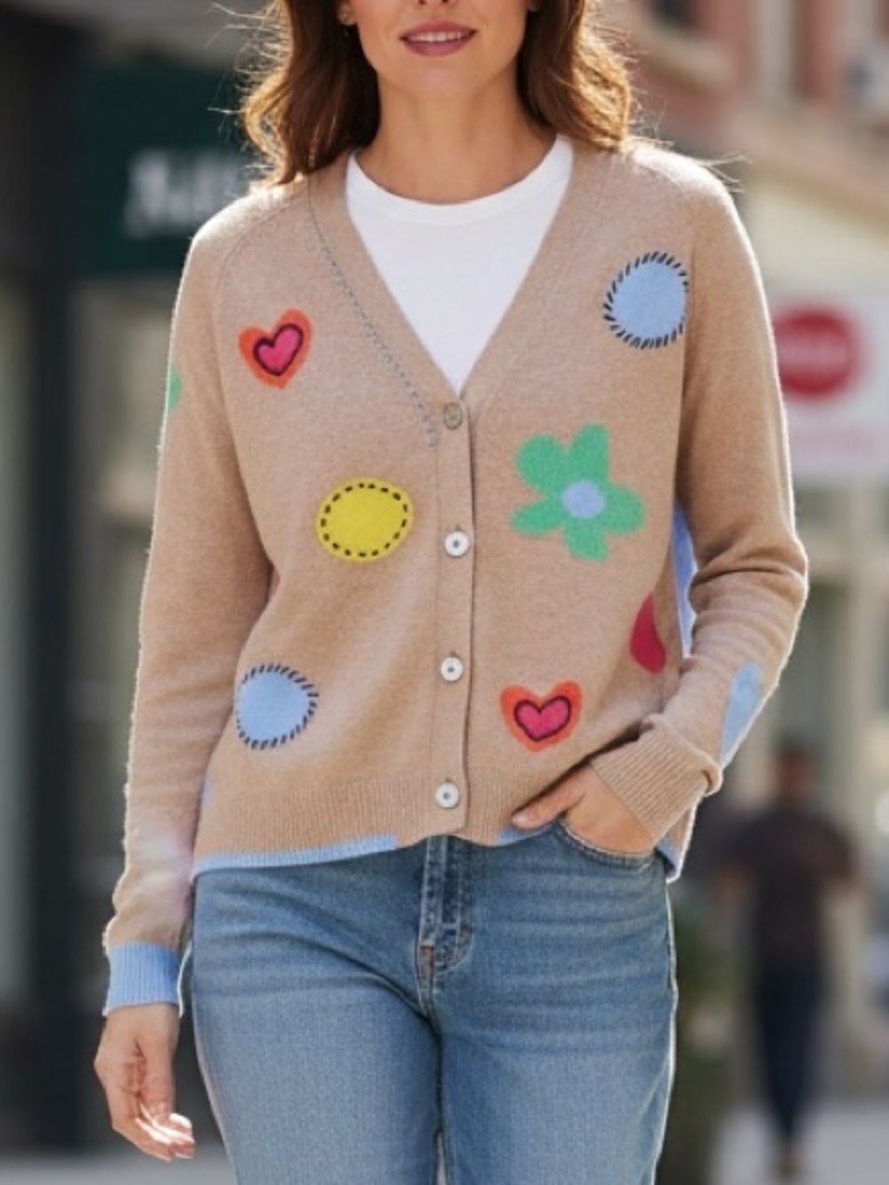 Zaket & Plover Flowers + Spots Cardigan Sweater Oat Women's XL Cotton Cashmere